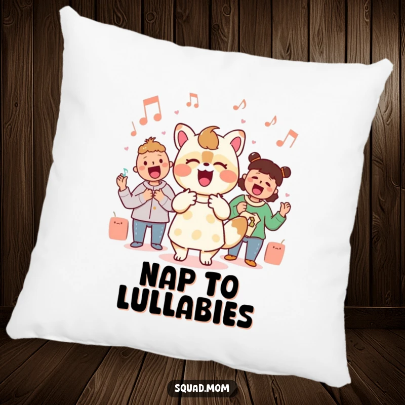 Funny Kawaii mom friend animal character singing with musical notes on a soft throw pillow, a cozy musical accent.