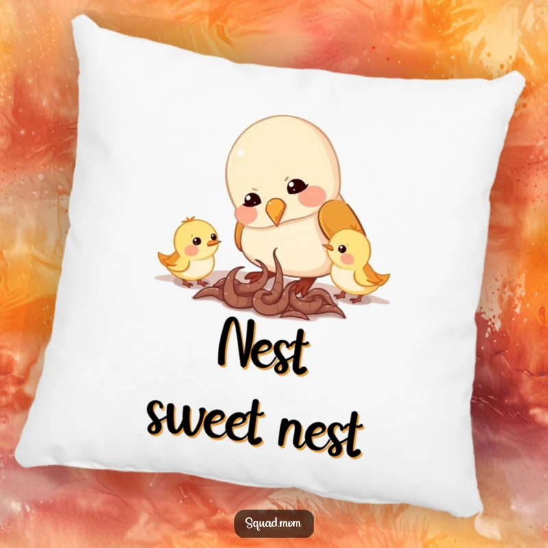 Funny pillow with a charming depiction of a mama bird feeding worms to her little ones, offering comfort and a heartwarming visual.
