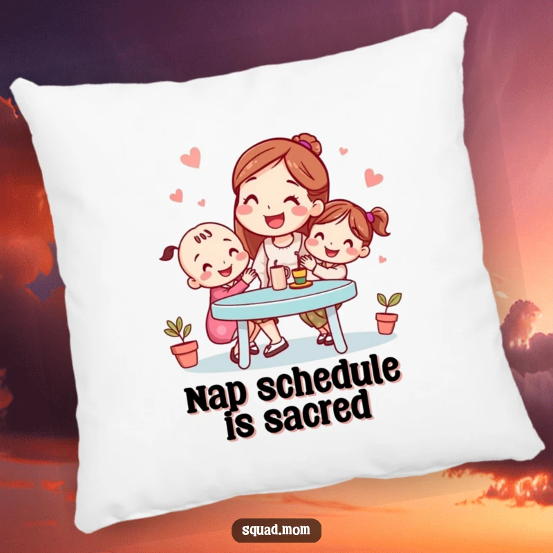 Funny pillow featuring a smiling mom friend organizing a playdate, adding comfort and humor to any room, a thoughtful funny gift.