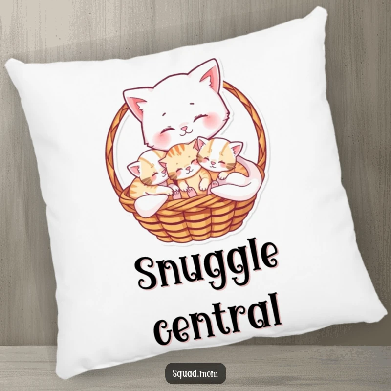 Funny pillow featuring a plush design of a mama cat cuddling her playful kittens within a soft basket, offering comfort.