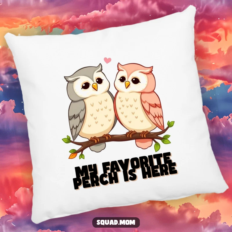 Funny owl moms sharing secrets and gossip while perched on a branch, depicted on a soft, decorative pillow, perfect for sofas or beds.