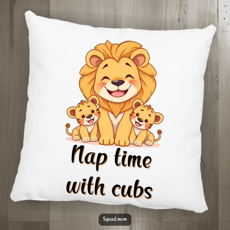 Funny pillow depicting a smiling lion mom guarding her playful cubs, offering comfort and a touch of the wild for relaxation.