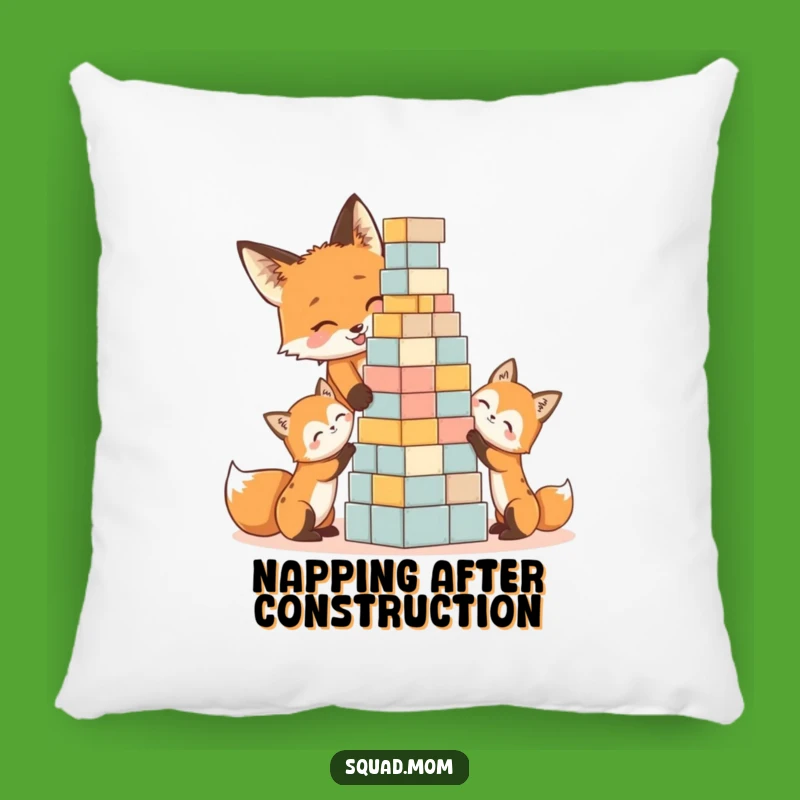 Funny Fox Mom & Kits Pillow: Cozy Block Tower Cuddles, Hilarious Decor Gift