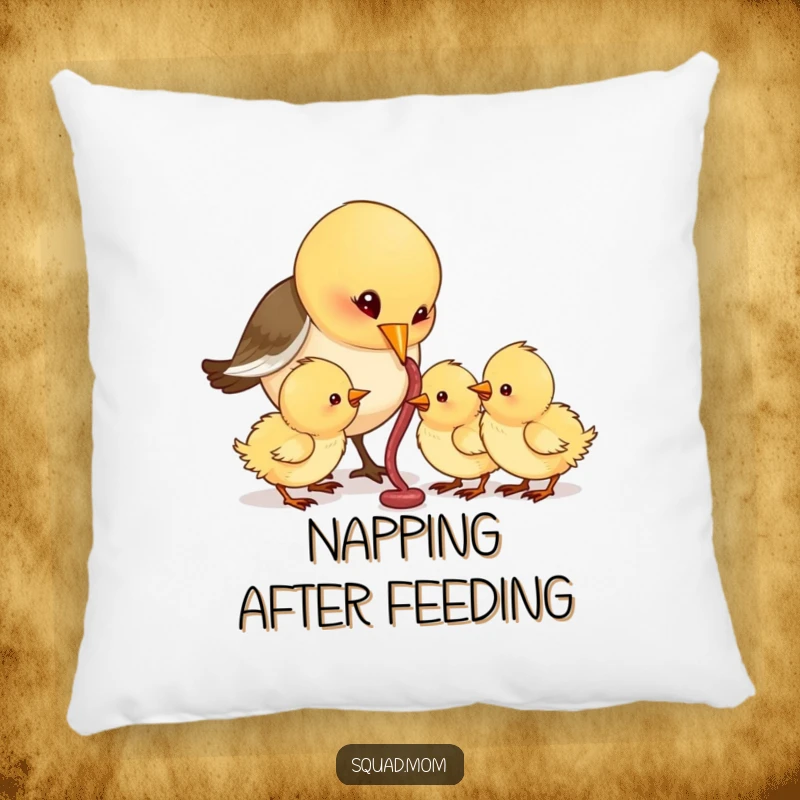 Funny Bird Mom Feeding Worms to Hungry Chicks, Comedic Maternal Cushion