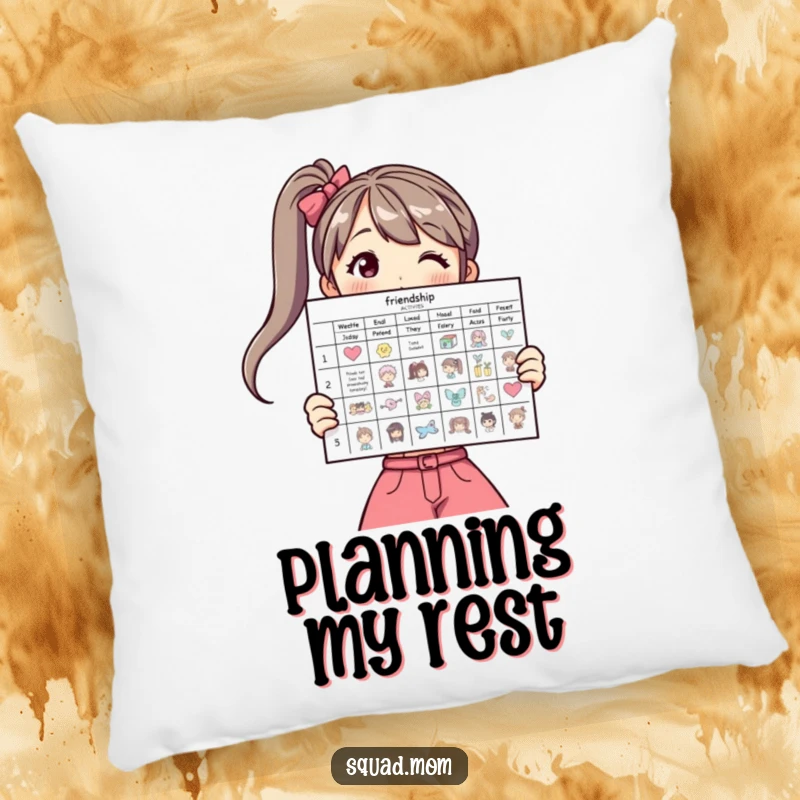Funny pillow depicting a woman displaying a friendship activity chart, adding humor to relaxation.