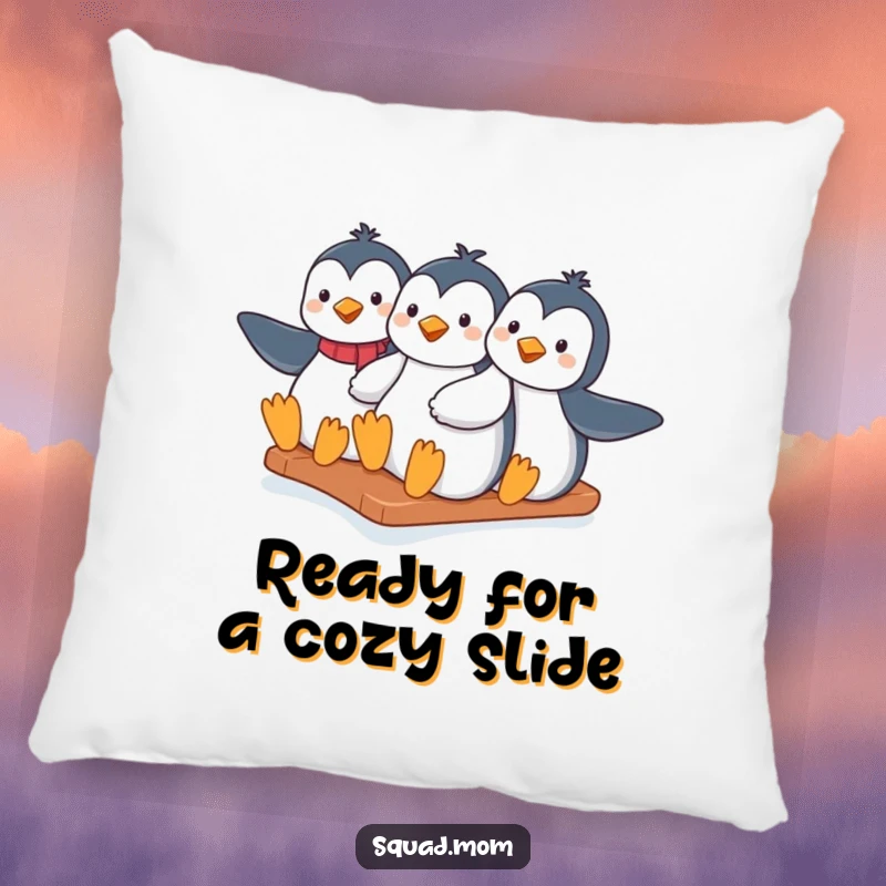 Funny penguin moms sliding down an icy hill together, depicted on a soft, decorative pillow, perfect for sofas or beds.