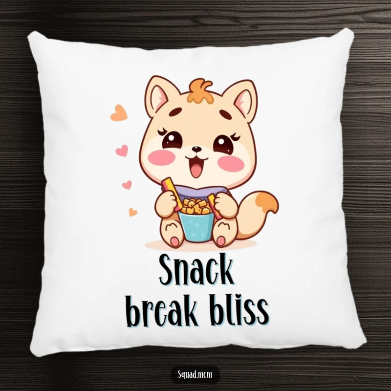 Funny Kawaii mom friend animal character sharing snacks with a big smile on a soft throw pillow, a cute accent.