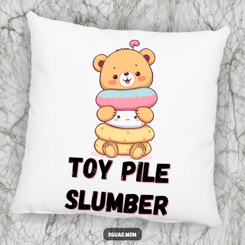 Funny cheerful bear cub balancing a stack of soft toys, a soft and humorous pillow for cozy spaces.