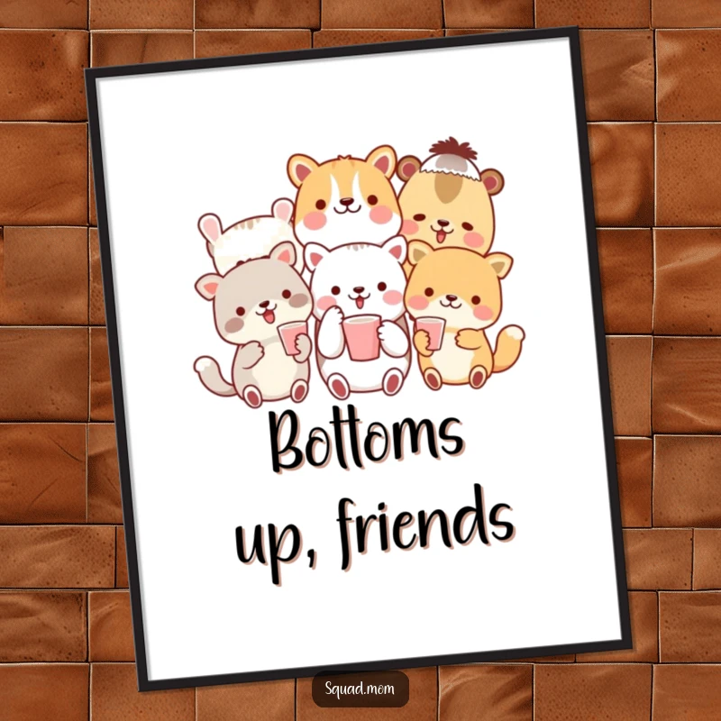 Funny digital art print of a cheerful group of animal friends raising tiny cups in a toast, radiating happiness and camaraderie.