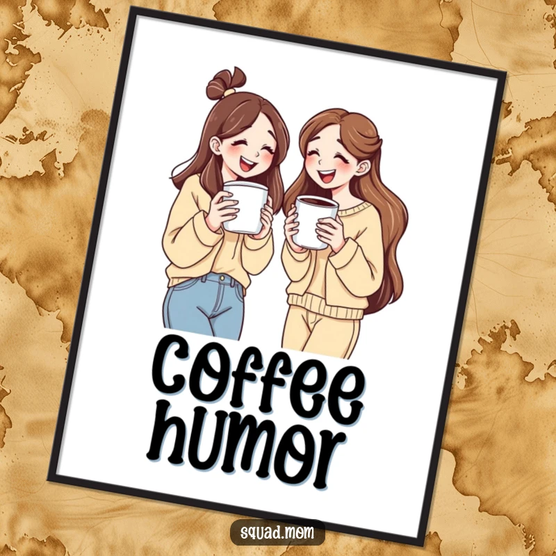 Funny digital art print of two women holding large coffee cups, sharing a laugh, symbolizing friendship and joy.