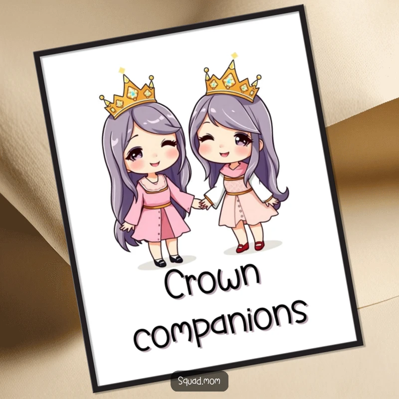 Funny digital art print of two women holding hands, each wearing a matching sparkly crown, celebrating their bond.
