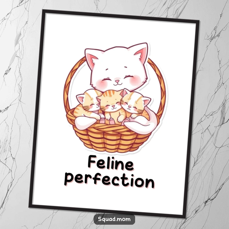 Funny digital art print of a tender mama cat cuddling her lively kittens in a basket, perfect for instant cozy decor.