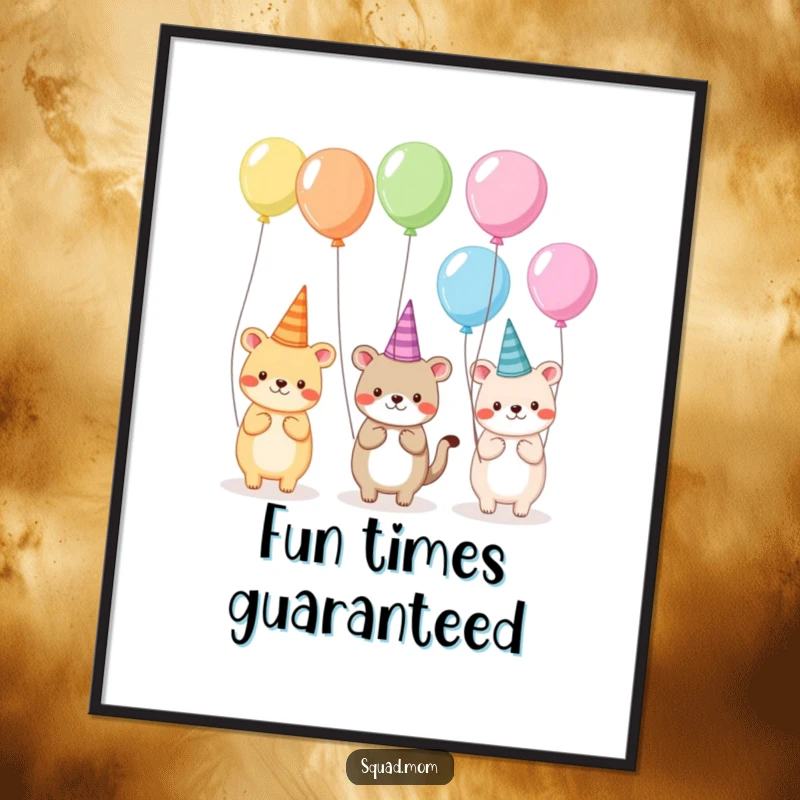 Funny digital art print of animal friends wearing silly hats and holding balloons, ready to bring instant festive joy to any display.