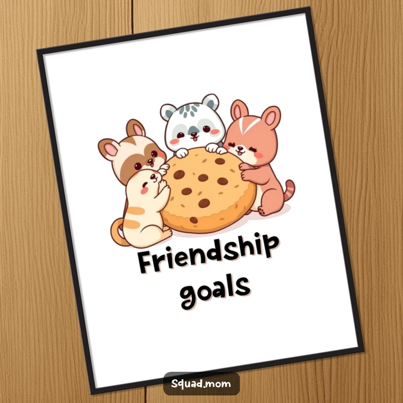 Funny digital art print of diverse animal friends joyfully sharing a huge cookie, a whimsical and humorous illustration.