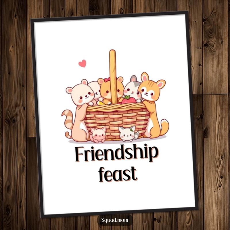 Funny Animal Friends Digital Art Print: Adorable animals joyfully sharing a picnic, conveying friendship and outdoor delight for wall art.
