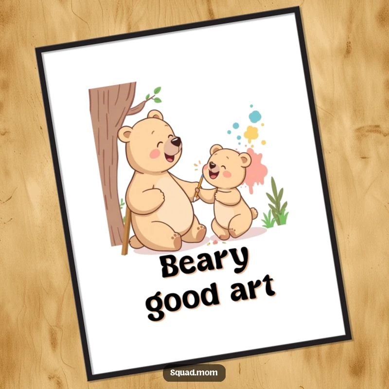 Funny bear mom and cub digital art print showing them giggling while painting a mural, a humorous and heartwarming piece for immediate decor.