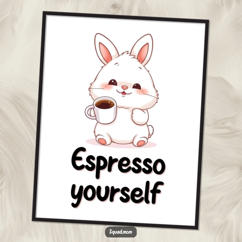 Funny fluffy bunny wiggling its nose and holding a tiny coffee cup, a charming and humorous digital art print.