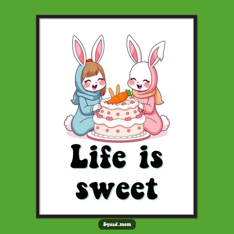 Funny Bunny Moms Digital Art: Sharing Cake Masterpiece, Instant Gift