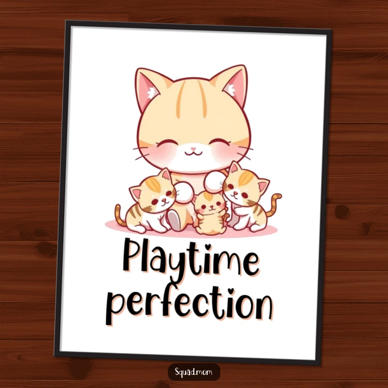 Funny cat mom character playing with her kittens, high-quality digital art print for easy home decor.