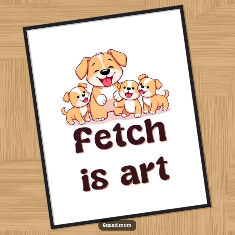 Funny Dog Mom Digital Art Print showing a determined mother dog coaching her puppies on fetching, perfect for humorous home or digital display.