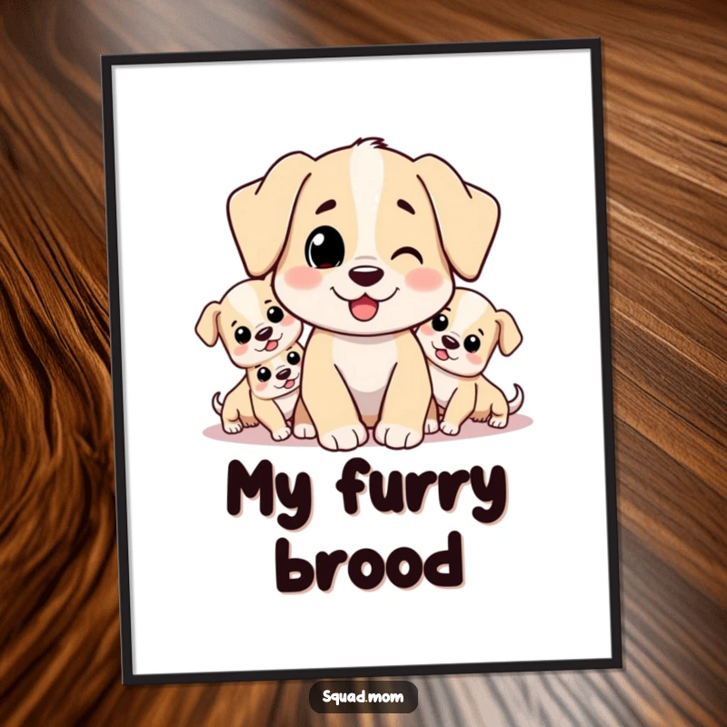 Funny digital art print of a loving dog mom character embracing her energetic litter of puppies. Humorous and heartwarming.