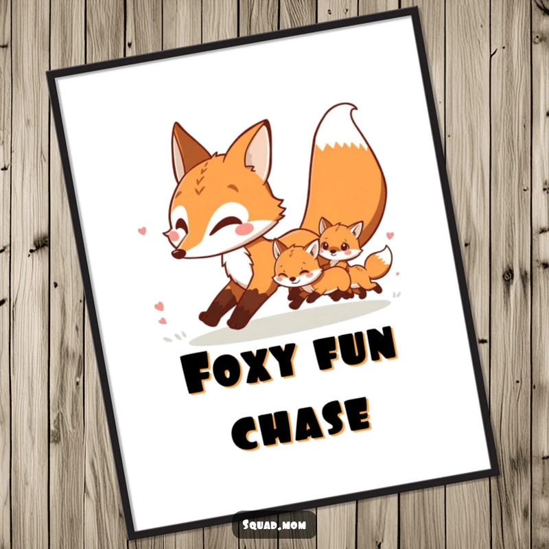 Funny digital art print of a mother fox leading her kits in a playful chase, perfect for humorous decor.