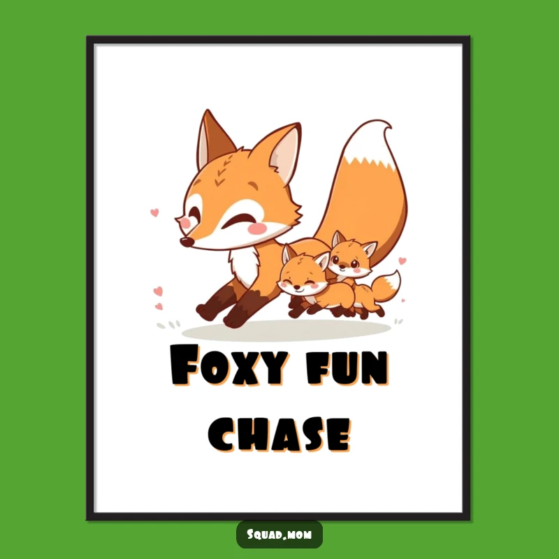 Funny Fox Mom & Kits Digital Art: Playful Chase Instant Wall Decor Gift