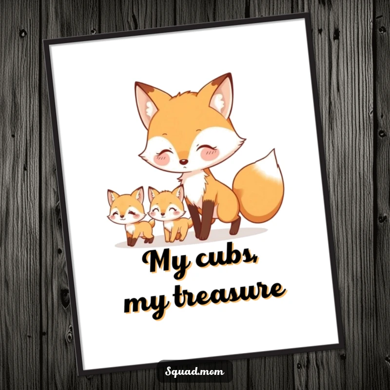 Funny digital art print of a mother fox leading her little kits, bringing charming nature vibes and humor to any digital display.
