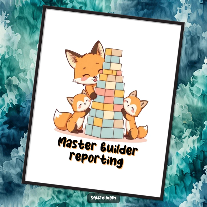 Funny digital art of a mother fox and her playful kits constructing a block tower, ideal for humorous home decor.