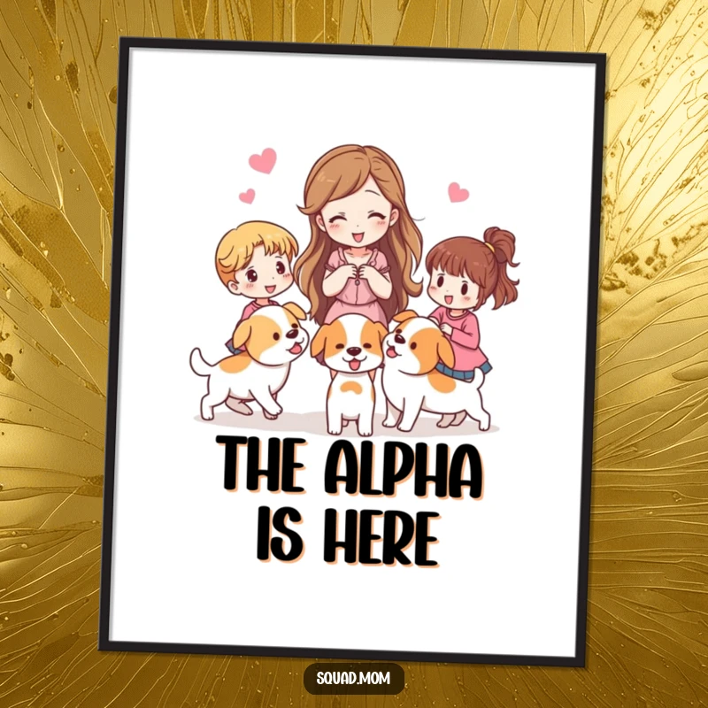 Funny digital art print of a woman herding other women like puppies, ideal for instant decor.