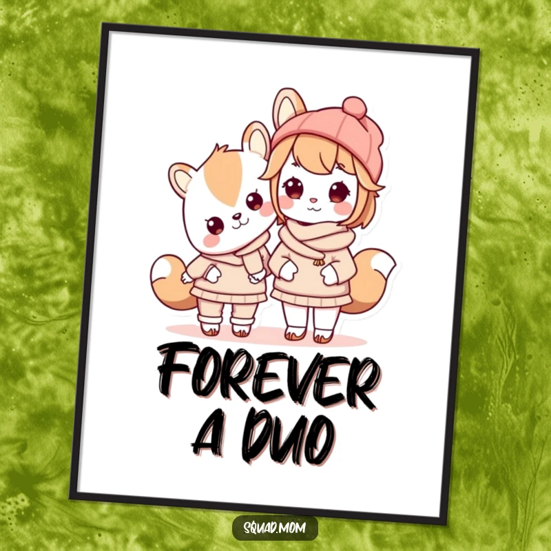 Funny Kawaii mom friend animal character wearing matching outfits with her child in this digital art print, celebrating family fashion.