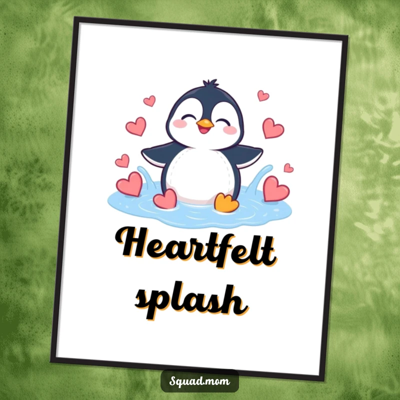 Funny Penguin Heart Splash Digital Art: A giggling penguin splashes in a puddle of vibrant hearts.
