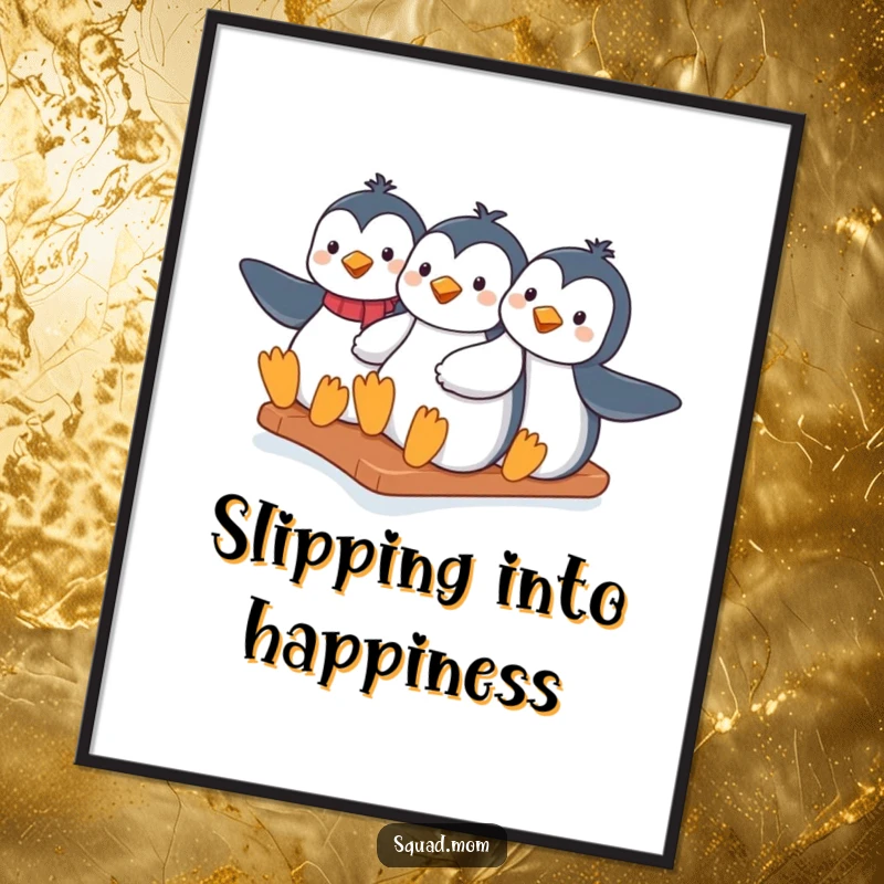 Funny penguin moms sliding down an icy hill together, as a vibrant digital art print for instant wall decor.
