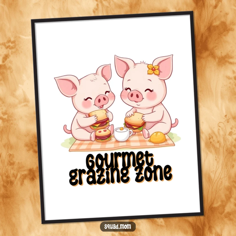 Funny digital art illustration of a mother piglet and baby sharing tiny sandwiches at a picnic, ideal for cute decor.