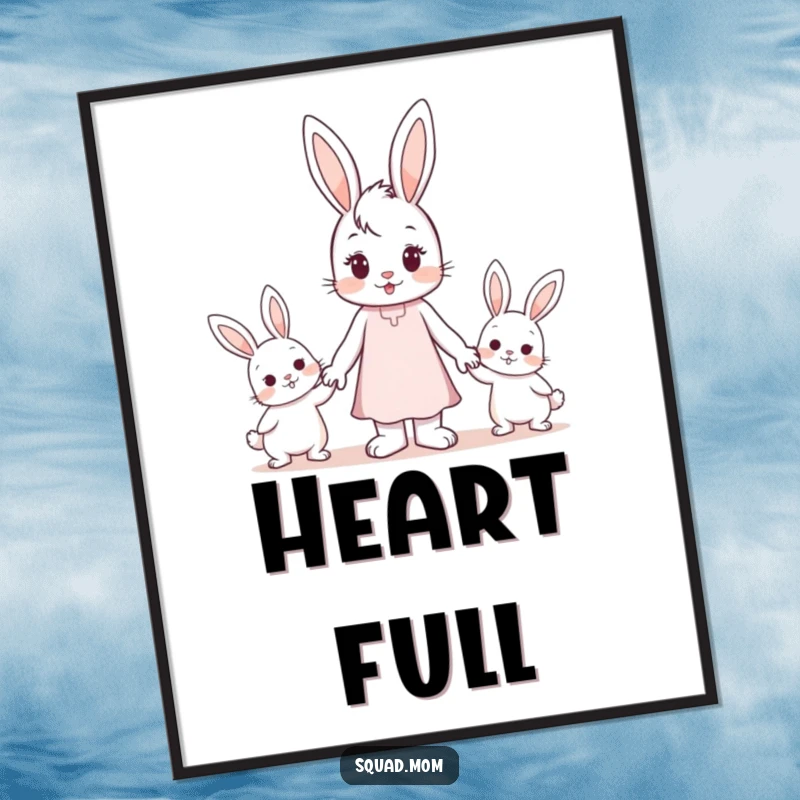 Funny Digital Art Print: A gentle bunny mom character lovingly holding hands with two small bunny children, symbolizing family.