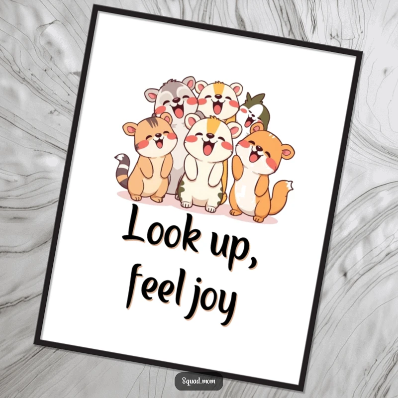 Funny Digital Art: Group of animal friends giggling and pointing upwards, instant printable art for humor.