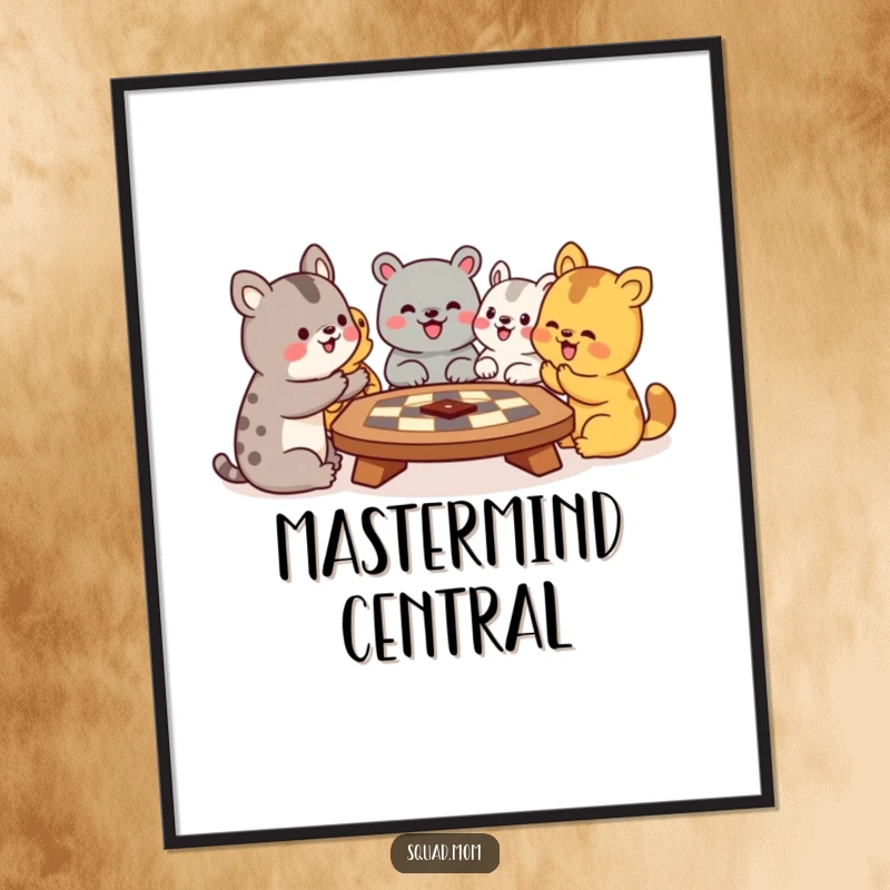 Funny digital art print capturing the lively and comical energy of animal friends playing a board game, ready to be displayed anywhere.
