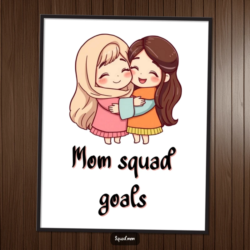 A heartwarming digital art print of two mom friends sharing a loving hug, conveying support and the funny side of motherhood.