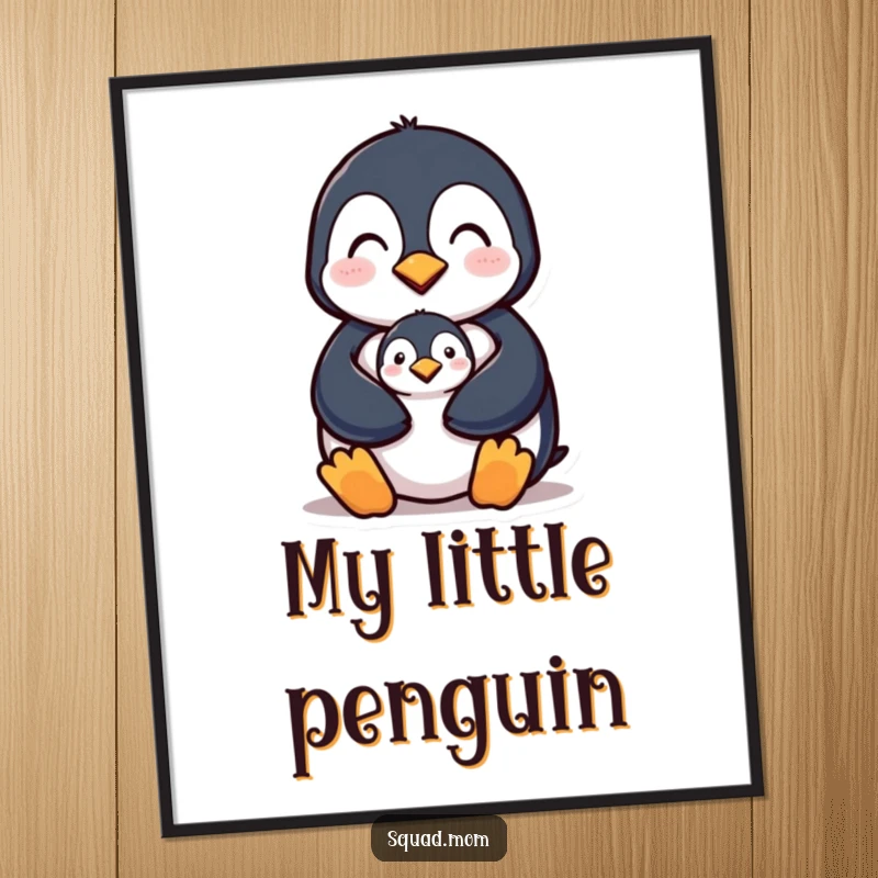 Funny digital art print of a penguin mom character protectively covering her young chick, a symbol of enduring maternal love.