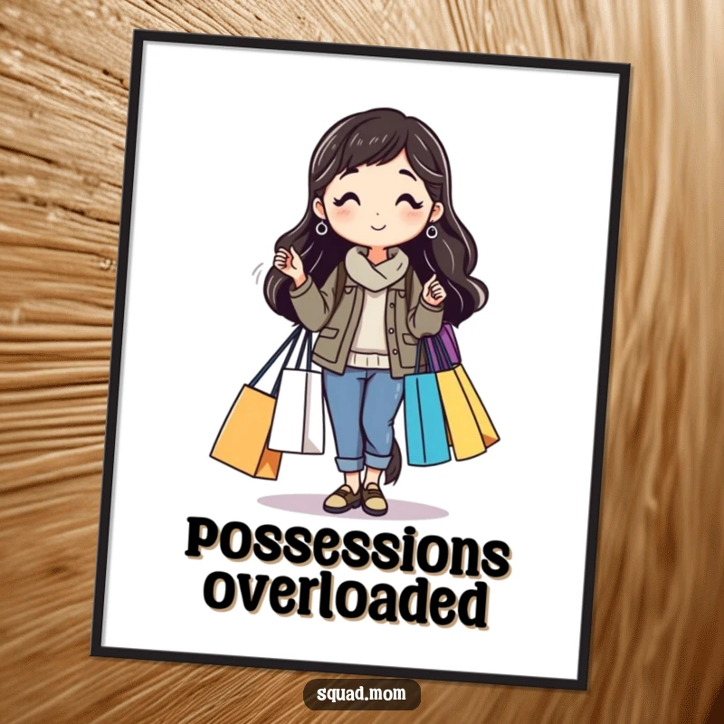 Funny digital art print of a mom friend carrying multiple shopping bags, perfect for instant wall decor and injecting shopping humor, a wonderful funny gift.