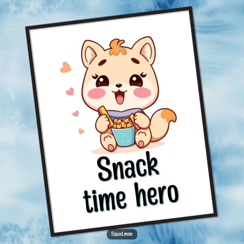 Funny Kawaii mom friend animal character happily sharing snacks in this digital art print, celebrating motherhood.
