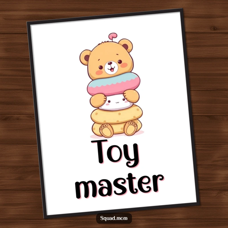 Funny cheerful bear cub balancing a stack of soft toys, a charming and humorous digital art print.