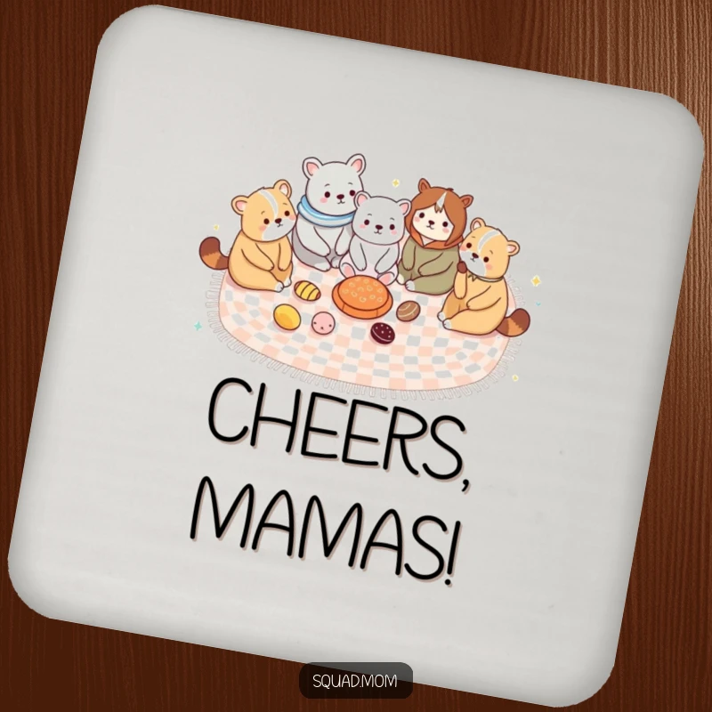 Funny drink coaster, cute animal moms sharing a picnic blanket, adding maternal humor to tables.
