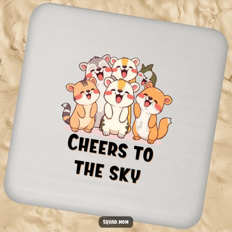 Funny Coaster: Group of animal friends giggling and pointing upwards, perfect for protecting surfaces humorously.