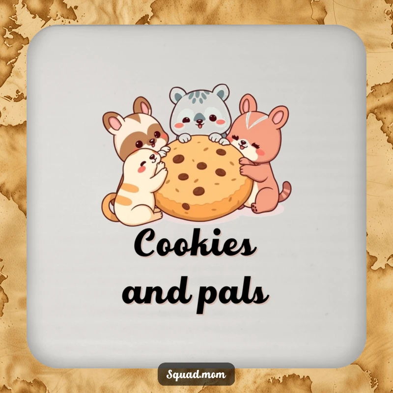 Funny drink coasters depicting animal friends sharing a massive cookie, protecting surfaces with a dose of adorable humor.