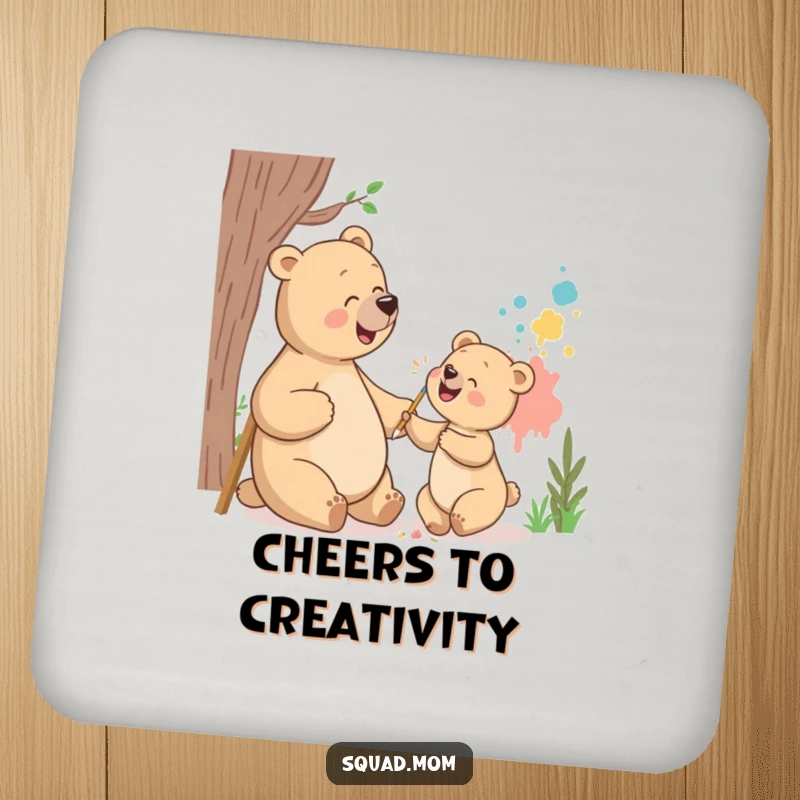 Funny bear mom and cub drink coasters with them giggling while painting a mural, protecting surfaces with a humorous, artistic touch.