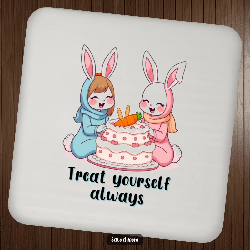Funny bunny moms drink coasters with two smiling rabbits sharing a giant carrot cake, protecting surfaces with a humorous, sweet touch.