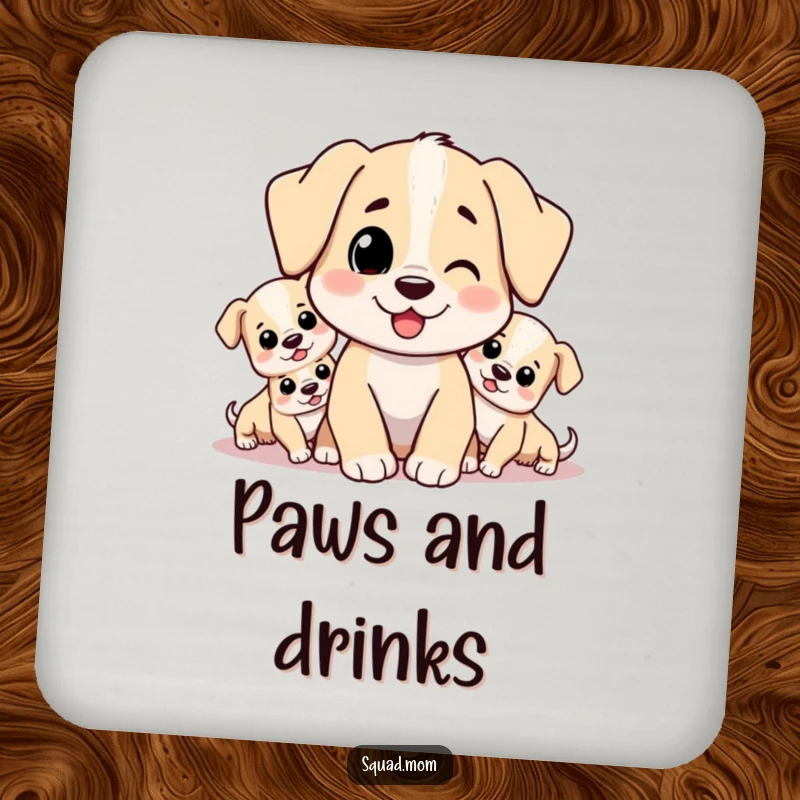 Funny drink coasters featuring a dog mom character surrounded by her cute puppies, adding protective charm and humor.