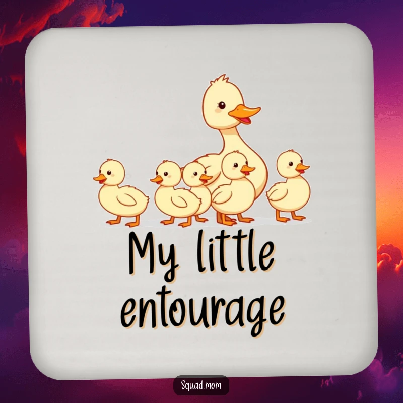 Funny drink coasters with a mother duck leading her ducklings in a line, adding a humorous and protective element to tables.