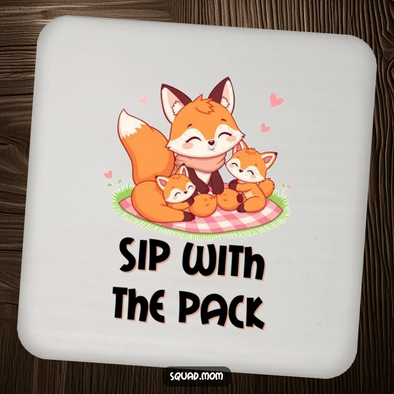 Funny Fox Mom and kits coaster featuring a happy picnic scene, protecting surfaces with family charm.